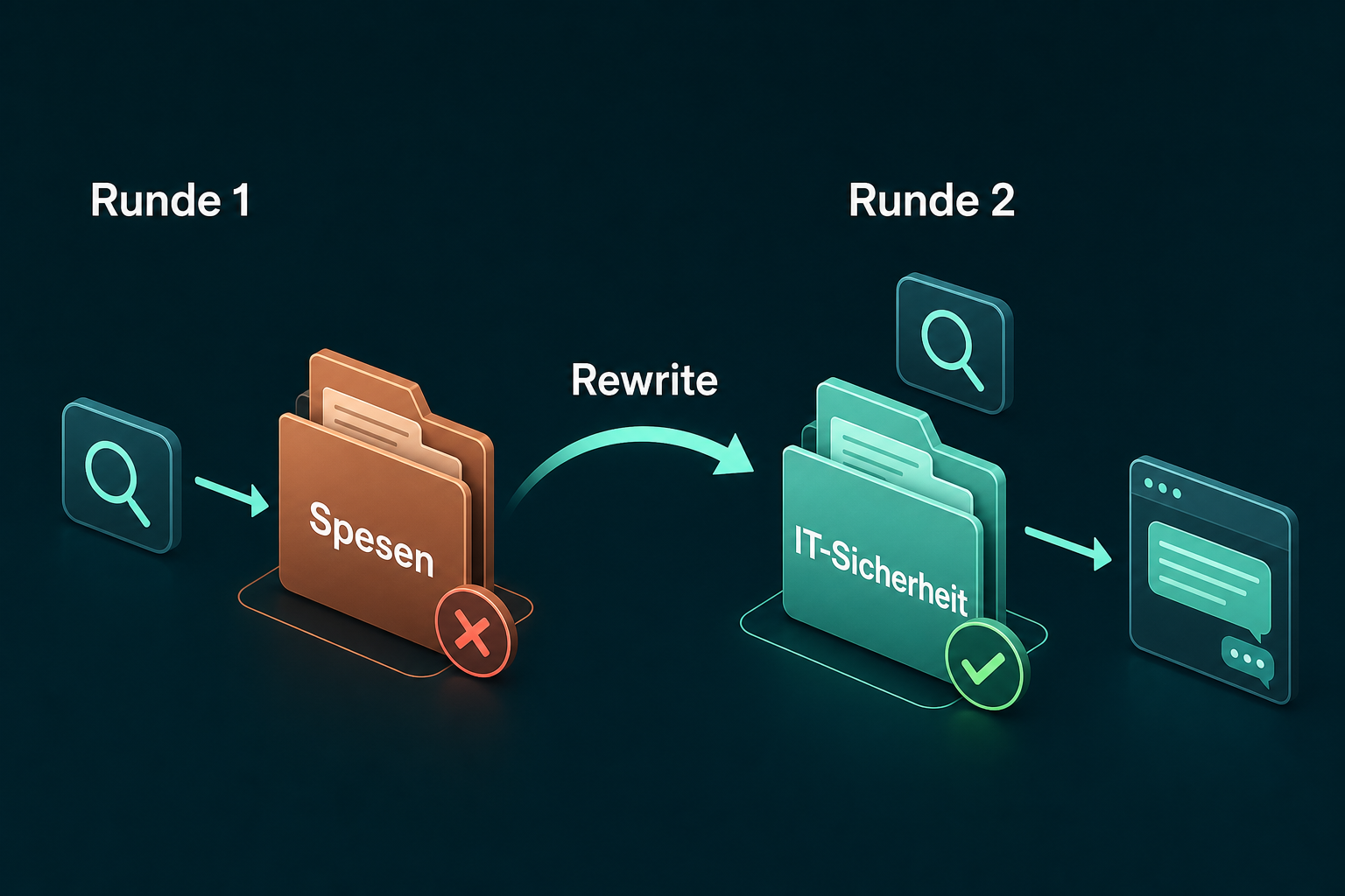 Rescue über zwei Runden: Runde 1 landet im Spesen-Dokument, der Rewrite führt in Runde 2 zur IT-Sicherheit