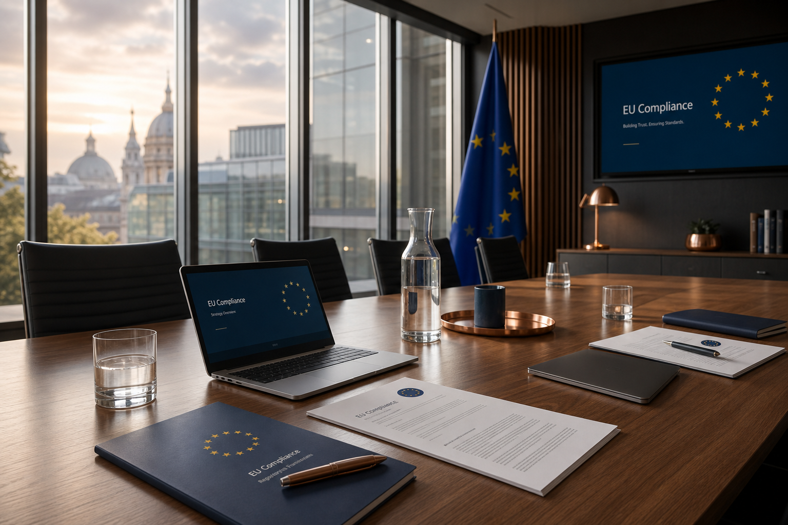 Moderner Konferenzraum mit gedruckten EU-AI-Act-Dokumenten und Laptops