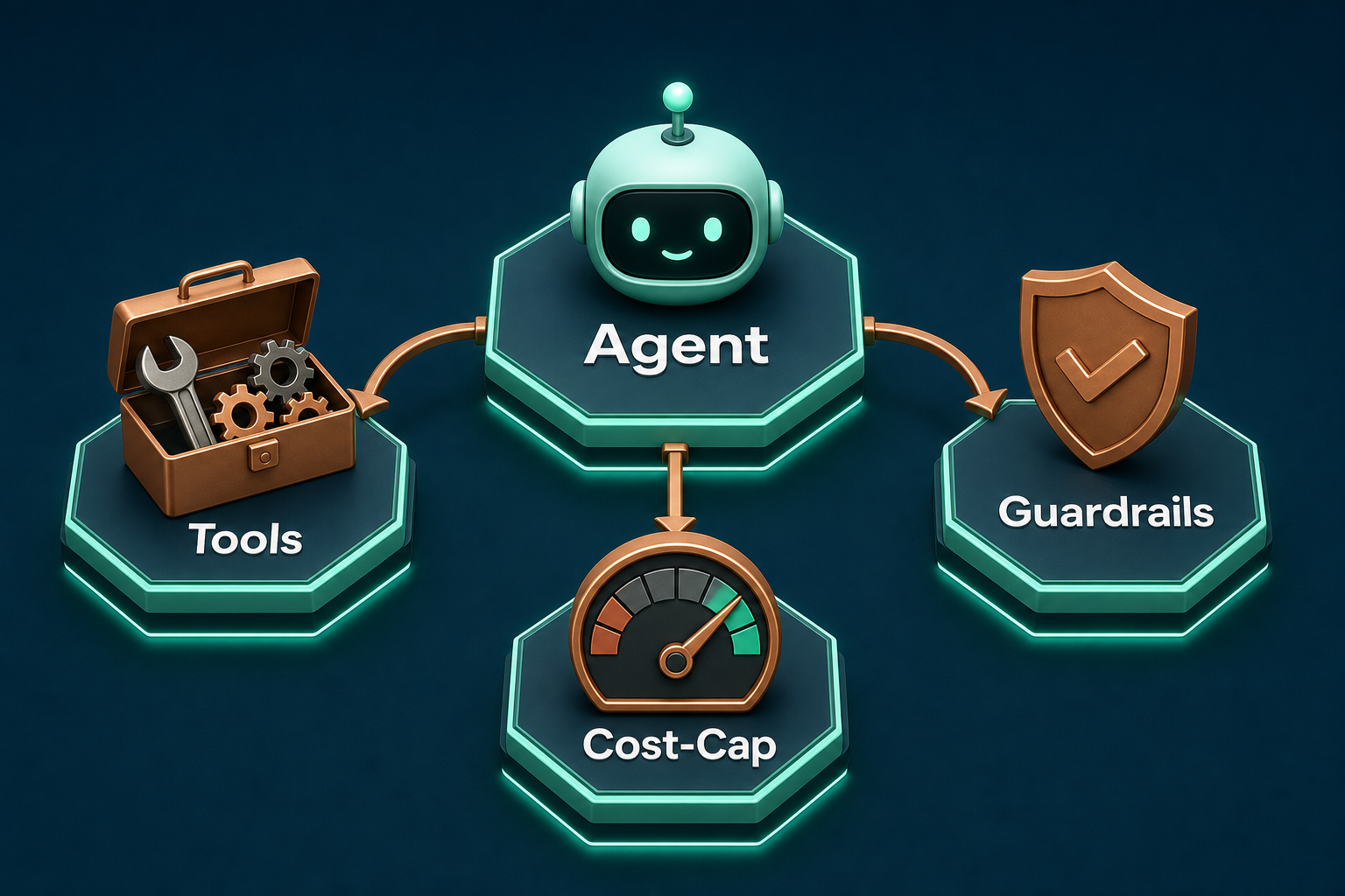 Stilisiertes 3D-Diagramm: KI-Agent verbunden mit Tools, Guardrails und Cost-Caps