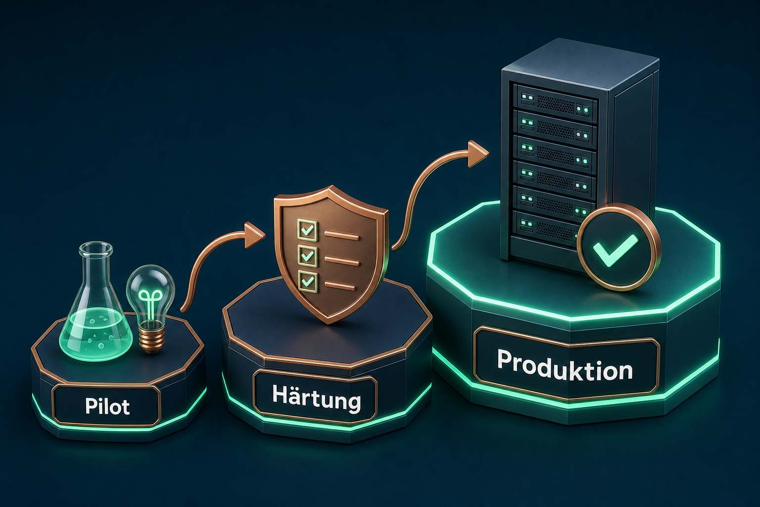 Stilisiertes 3D-Diagramm: Weg vom Pilot über Härtung zur Produktion