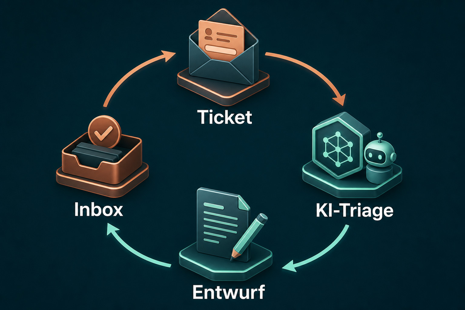 Isometrisches Diagramm des KI-Support-Desk: Ticket, KI-Triage, Antwortentwurf und Mitarbeiter-Inbox als Kreislauf