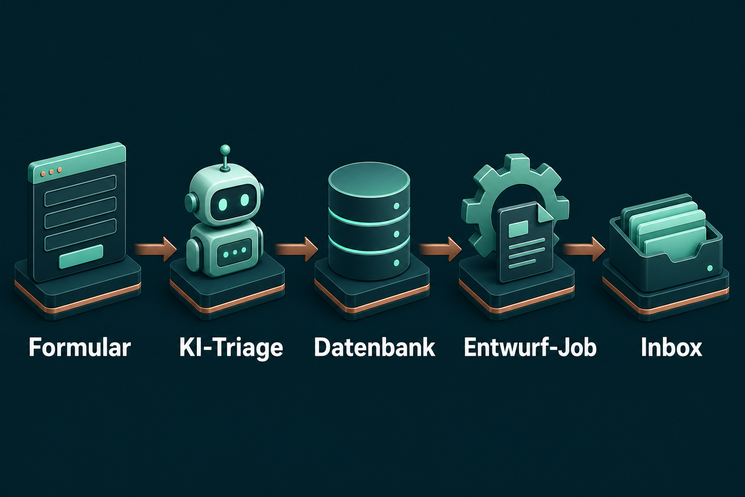 Der Support-Desk-Kreislauf vom Kundenticket über die KI-Triage bis zur geprüften Antwort in der Mitarbeiter-Inbox
