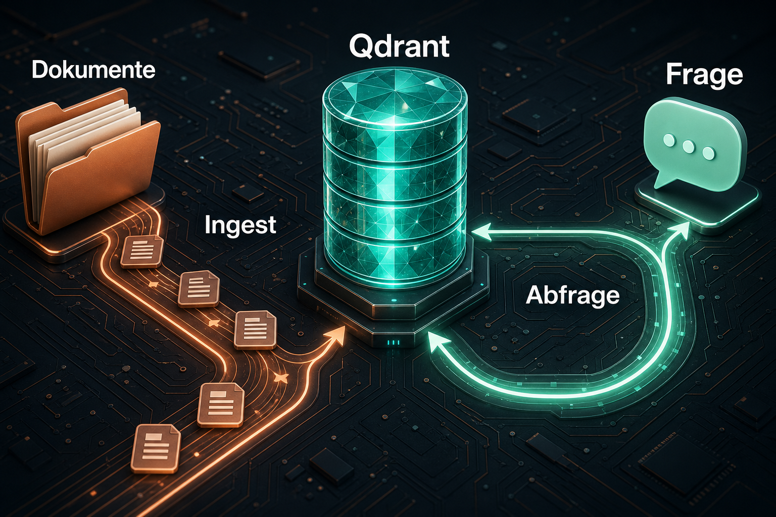 Architektur des RAG-Systems: Dokumente fließen über das Embedding-Modell in die Vektordatenbank, Fragen werden dagegen gesucht